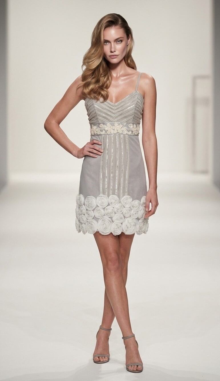 Vintage Sue Wong Nocturne Size 6 Sequin 3D Petal Mini Dress Gray Silver